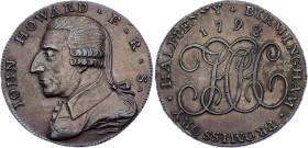 Great Britain Birmingham 1/2 Penny 1792 Token

DH# 144, N# 80364; Copper 11.15 g., 29.7 mm.; Obv: Portrait of John Howard IOHN HOWARD F R S / Rev: M...