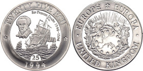 Great Britain 25 Ecu 1994

Silver 29.89 g., 40 mm., Proof; Sir Francis Drake; Obv: Neptune and Europa flanking a globe surrounded by 12 five-pointed...