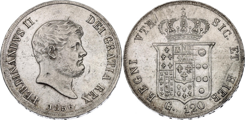 Italian States Naples 120 Grana 1856

KM# 370, N# 18301; Silver 27.5 g.; Ferdi...