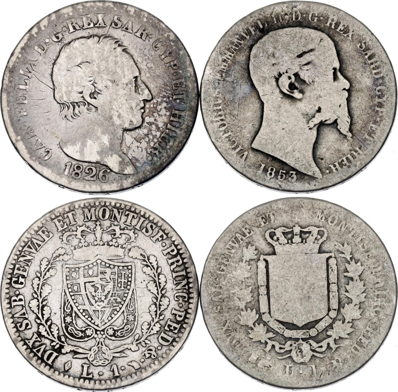 Italian States Sardinia 2 x 1 Lira 1826 - 1853

KM# 121.1, 142.2; Silver; Carl...