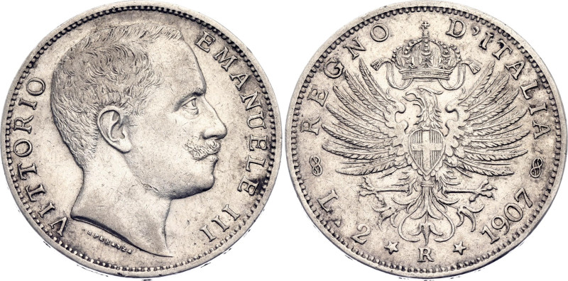 Italy 2 Lire 1907 R

KM# 33, N# 4898; Silver 10 g.; Vittorio Emanuele III; Rom...