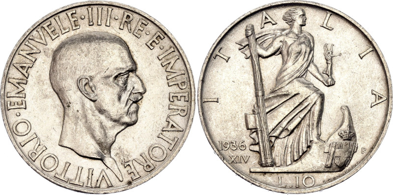 Italy 10 Lire 1936 (XIV) R

KM# 80, N# 27942; Silver 10.00 g.; Vittorio Emanue...