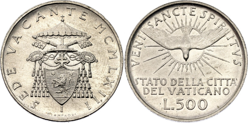 Vatican 500 Lire 1963

KM# 75, N# 12217; Silver 11.00 g.; Sede Vacante; UNC