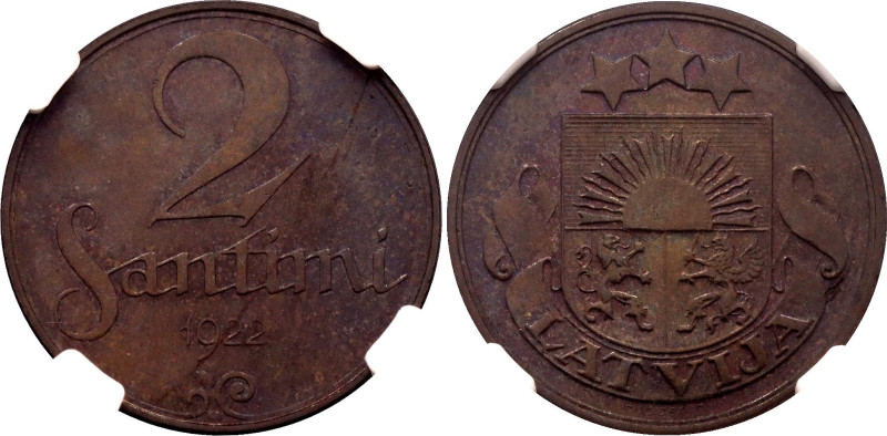 Latvia 2 Santimi 1922 NGC MS63 BN

KM# 2, Schön# 2, N# 4919; Bronze; With a ni...