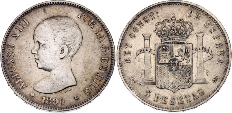 Spain 5 Pesetas 1890 (*1890) MPM

KM# 689, Cal# 15, N# 4009; Silver 25 g.; Alf...