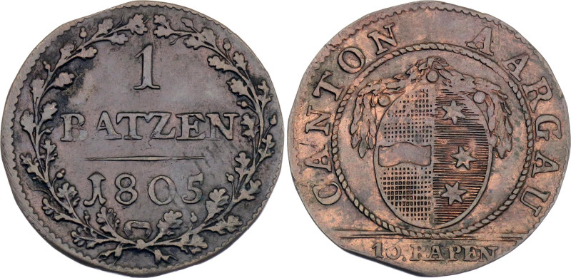 Switzerland Aargau 1 Batzen 1805

KM# 5, N# 96268; Billon 2.38 g.; XF