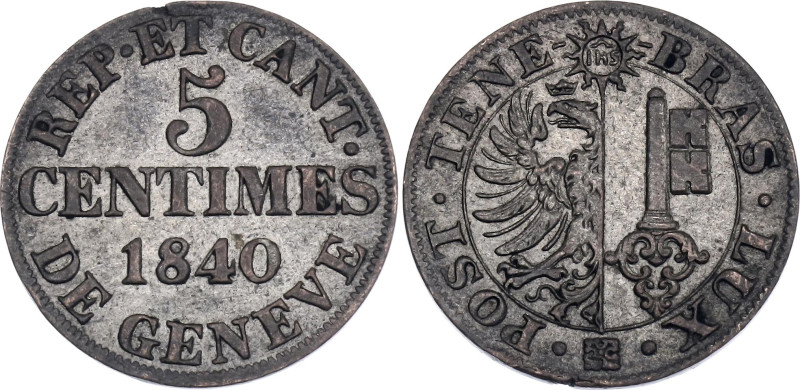 Switzerland Geneva 5 Centimes 1840

KM# 131, N# 22508; Billon 1.96 g.; XF