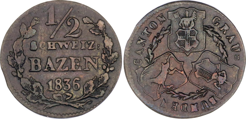 Switzerland Graubunden 1/2 Batzen 1836 A-B

KM# 13, N# 24219; Billon 1.9 g.; X...