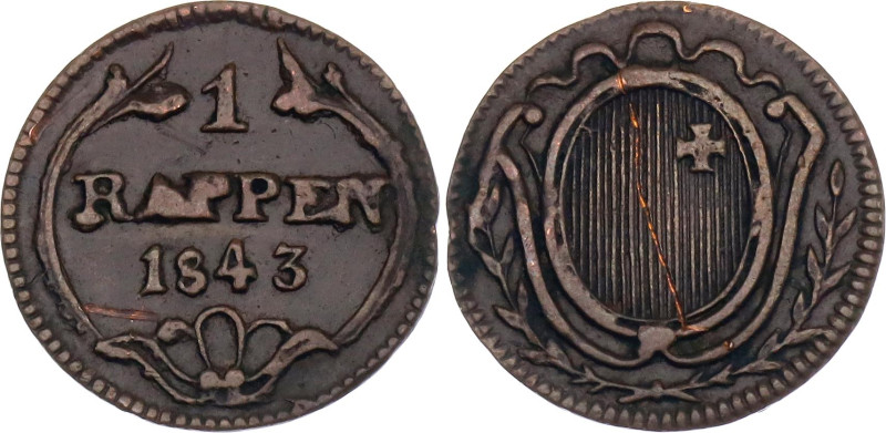 Switzerland Schwyz 1 Rappen 1843

KM# 65, N# 24144; Copper; XF