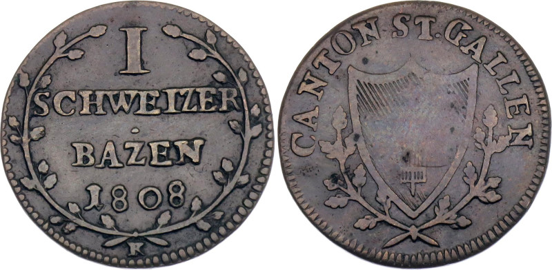 Switzerland St. Gallen 1 Batzen 1808

KM# 105, N# 24142; Billon 2.46 g.; VF+