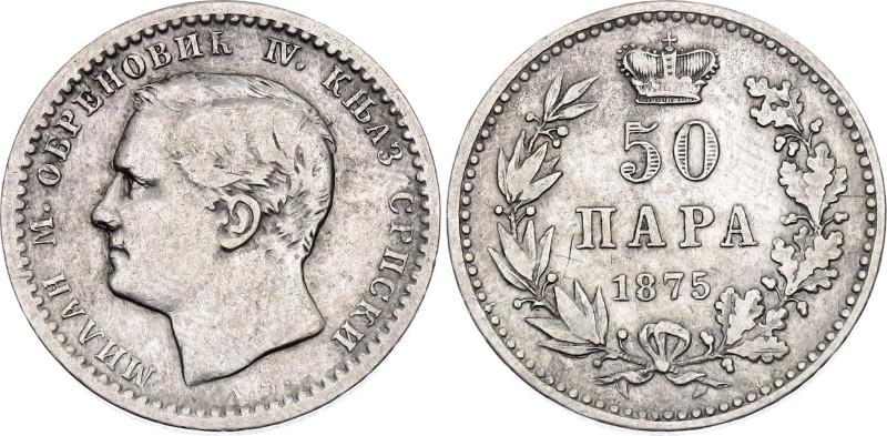 Serbia 50 Para 1875

KM# 4, N# 18046; Silver 2.50 g.; Milan Obrenović IV; VF/X...