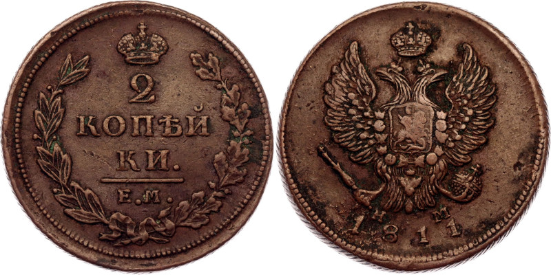 Russia 2 Kopeks 1811 ЕМ НМ

Bit# 349, N# 3021; Copper 14.81 g.; XF+