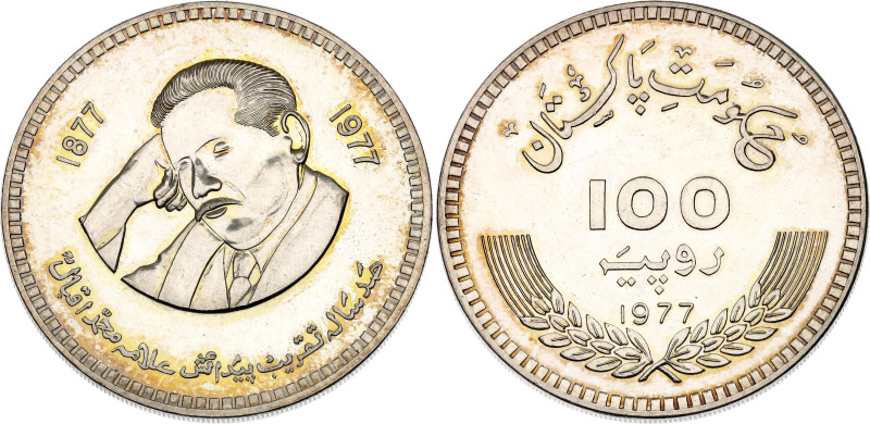 Pakistan 100 Rupees 1977

KM# 48, N# 37890; Silver 20.44 g., Proof; 100th Anni...