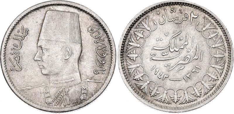 Egypt 2 Piastres 1942 AH 1361

KM# 365, N# 8864; Silver 2.8 g.; Farouk I; Lond...