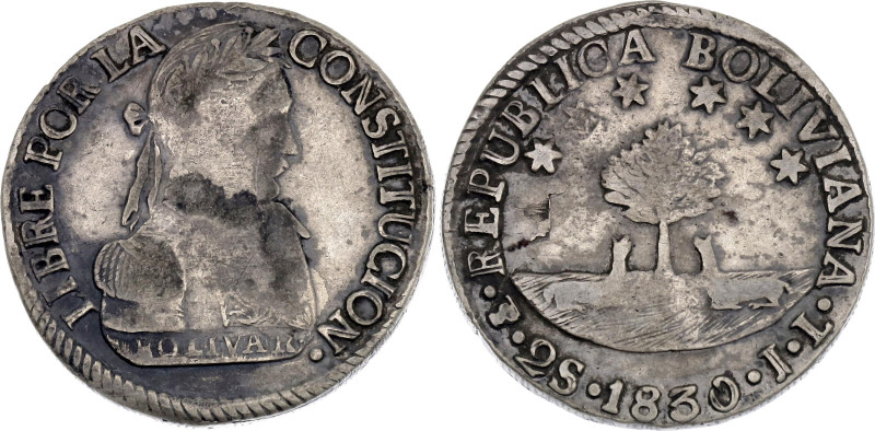 Bolivia 2 Soles 1830 PTS JL

KM# 95a, N# 34789; Silver; Potosi Mint; VF