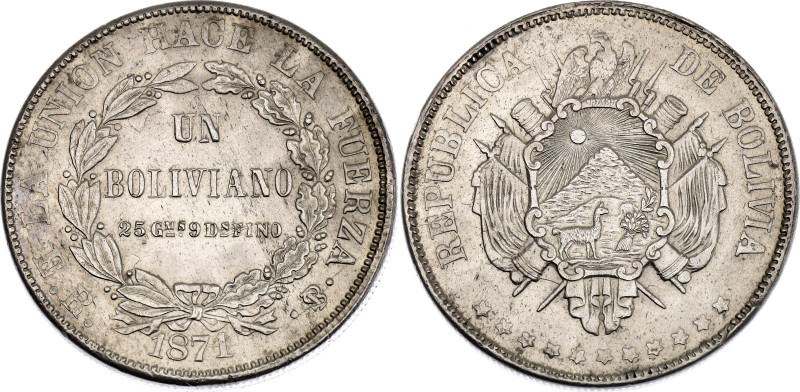 Bolivia 1 Boliviano 1871 PTS ER

KM# 155.3, N# 23868; Silver 25.00 g.; Potosi ...