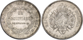 Bolivia 1 Boliviano 1871 PTS ER

KM# 155.3, N# 23868; Silver 25.00 g.; Potosi Mint; UNC with nice toning