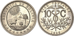 Bolivia 10 Centavos 1936

KM# 179, Schön# B9, N# 4905; Copper-nickel; Vienna Mint; UNC with full mint luster