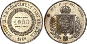 Brazil 1000 Reis 1866

KM# 465, N# 3671; Silver 12.75 g.; Pedro II; Rio de Janeiro Mint; UNC with mint luster & minor hairlines