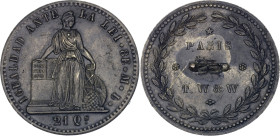 Chile 8 Escudos 1842 (ND) Pattern

KM# Pn8; Copper 14.09 g., 38.3 mm.; An interesting piece with an attractive obverse motif quite similar to the ad...