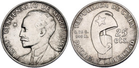 Cuba 25 Centavos 1953

KM# 27, N# 14183; Silver 6.25 g.; 100th Anniversary of José Martí Birthdate; Philadelphia Mint; AUNC with minor hairlines