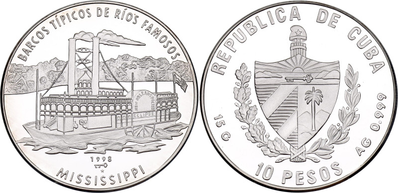 Cuba 10 Pesos 1998

KM# 610, N# 135575; Silver 15 g., Proof; Famous River Ship...