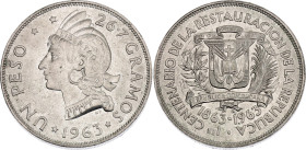 Dominican Republic 1 Peso 1963

KM# 30, Schön# 15, N# 17079; Silver 26.70 g.; 100th Anniversary of the Restoration of the Republic; Mintage 20000 pc...