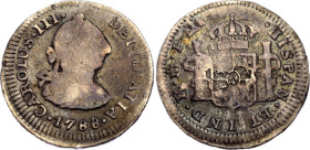 Mexico 1/2 Real 1788 Mo FM

KM# 69.2a, N# 18789; Silver; Carlos III; Mexico Mint; F, removed from jewelry