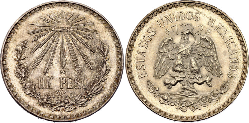 Mexico 1 Peso 1943 M

KM# 455, N# 4382; Silver 16.6 g.; Mexico Mint; UNC with ...