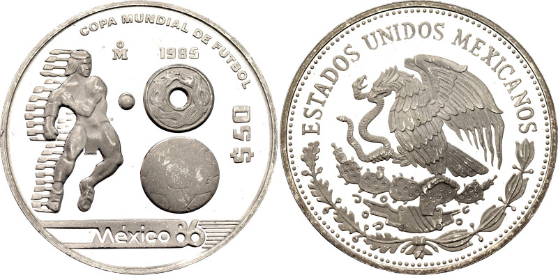 Mexico 50 Pesos 1985 Mo

KM# 504, N# 15266; Silver 16.81 g., Proof; FIFA World...