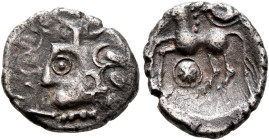 CENTRAL EUROPE. Helvetii. Viros, circa 75/50-25 BC. Quinarius (Silver, 13 mm, 1.53 g, 3 h). VIROS Celticized male bust to left, wearing torque with fo...