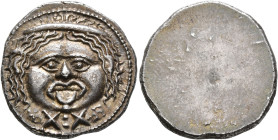 ETRURIA. Populonia. Circa 300-250 BC. 20 Asses (Silver, 24 mm, 8.61 g). Diademed facing head of Metus with protruding tongue; below, X:X (mark of valu...