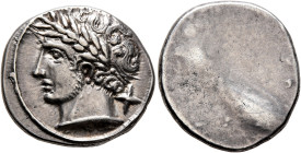 ETRURIA. Populonia. Circa 300-250 BC. 10 Asses (Silver, 18 mm, 4.22 g). Laureate and slightly bearded head of Aplu to left; to right, X (mark of value...