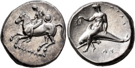 CALABRIA. Tarentum. Circa 302-280 BC. Didrachm or Nomos (Silver, 22 mm, 7.82 g, 2 h), Si.., Philokles and Ly..., magistrates. Nude warrior on horsebac...