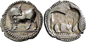 LUCANIA. Sybaris. Circa 550-510 BC. 1/3 Stater or Drachm (Silver, 19 mm, 2.57 g, 12 h). VM Bull standing left on dotted ground line, his head turned b...