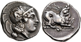LUCANIA. Velia. Circa 440/35-400 BC. Didrachm or Nomos (Silver, 20 mm, 7.75 g, 2 h). Head of Athena to right, wearing crested Attic helmet adorned wit...