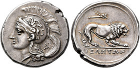 LUCANIA. Velia. Circa 300-280 BC. Didrachm or Nomos (Silver, 22 mm, 7.62 g, 2 h). Head of Athena to left, wearing crested Attic helmet decorated with ...