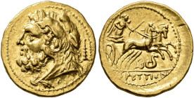 BRUTTIUM. The Brettii. Circa 216-214 BC. Hemidrachm (Gold, 14 mm, 2.10 g, 5 h), Second Punic War issue. Third coinage, Attic standard. Bearded head of...