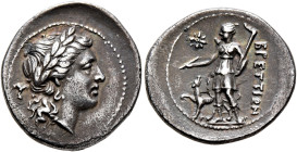 BRUTTIUM. The Brettii. Circa 216-214 BC. Hemidrachm (Silver, 17 mm, 2.20 g, 9 h). Laureate head of Apollo to right; to left, plectrum; below, small Γ....