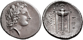 BRUTTIUM. Kroton. Circa 300 BC. Didrachm or Nomos (Silver, 23 mm, 7.15 g, 5 h). Laureate head of Apollo to right. Rev. ΚΡΟ Tripod with three ring hand...