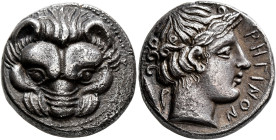 BRUTTIUM. Rhegion. Circa 415/0-387 BC. Tetradrachm (Silver, 23 mm, 16.75 g, 12 h). Facing head of a lion. Rev. ΡHΓINON Head of Apollo to right, wearin...