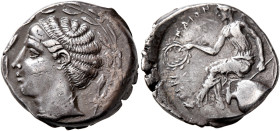 BRUTTIUM. Terina. Circa 440-425 BC. Didrachm or Nomos (Silver, 22 mm, 7.88 g, 12 h). Head of the nymph Terina to left, wearing ampyx and pearl necklac...