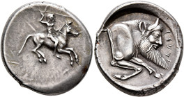 SICILY. Gela. Circa 490/85-480/75 BC. Didrachm (Silver, 23 mm, 8.84 g, 8 h). Nude bearded warrior riding horse to right, brandishing spear with his ri...