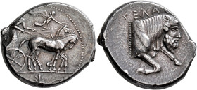SICILY. Gela. Circa 450-440 BC. Tetradrachm (Silver, 27 mm, 16.78 g, 6 h). Charioteer, holding reins with both hands and kentron in his right, driving...
