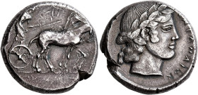 SICILY. Katane. Circa 450-435 BC. Tetradrachm (Silver, 25 mm, 17.29 g, 10 h). Charioteer driving quadriga walking to right, holding kentron in his lef...