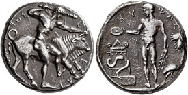 SICILY. Selinos. Circa 455-440 BC. Didrachm (Silver, 21 mm, 8.92 g, 2 h). Σ-E-ΛI-[N-ON]T-IOΣ Herakles standing right, holding club overhead in his rig...