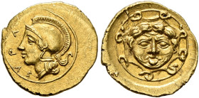 SICILY. Syracuse. Second Democracy, 466-405 BC. 10 Litrai or Didrachm (Gold, 11 mm, 0.67 g, 6 h), 406/5. ΣYΡΑ Head of Athena to left, wearing crested ...