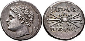 SICILY. Syracuse. Hieronymos, 215-214 BC. 10 Litrai (Silver, 23 mm, 8.43 g, 5 h). Diademed head of Hieronymos to left; in field to right, K. Rev. BAΣI...