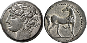 CARTHAGE. Second Punic War. Circa 203-201 BC. 1 1/2 Shekels – Tridrachm (Billon, 25 mm, 9.76 g, 12 h). Head of Tanit to left, wearing wreath of grain ...