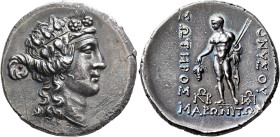 THRACE. Maroneia. Circa 189/8-49/5 BC. Tetradrachm (Silver, 30 mm, 16.75 g, 1 h). Head of youthful Dionysos to right, wearing taenia and wreath of ivy...